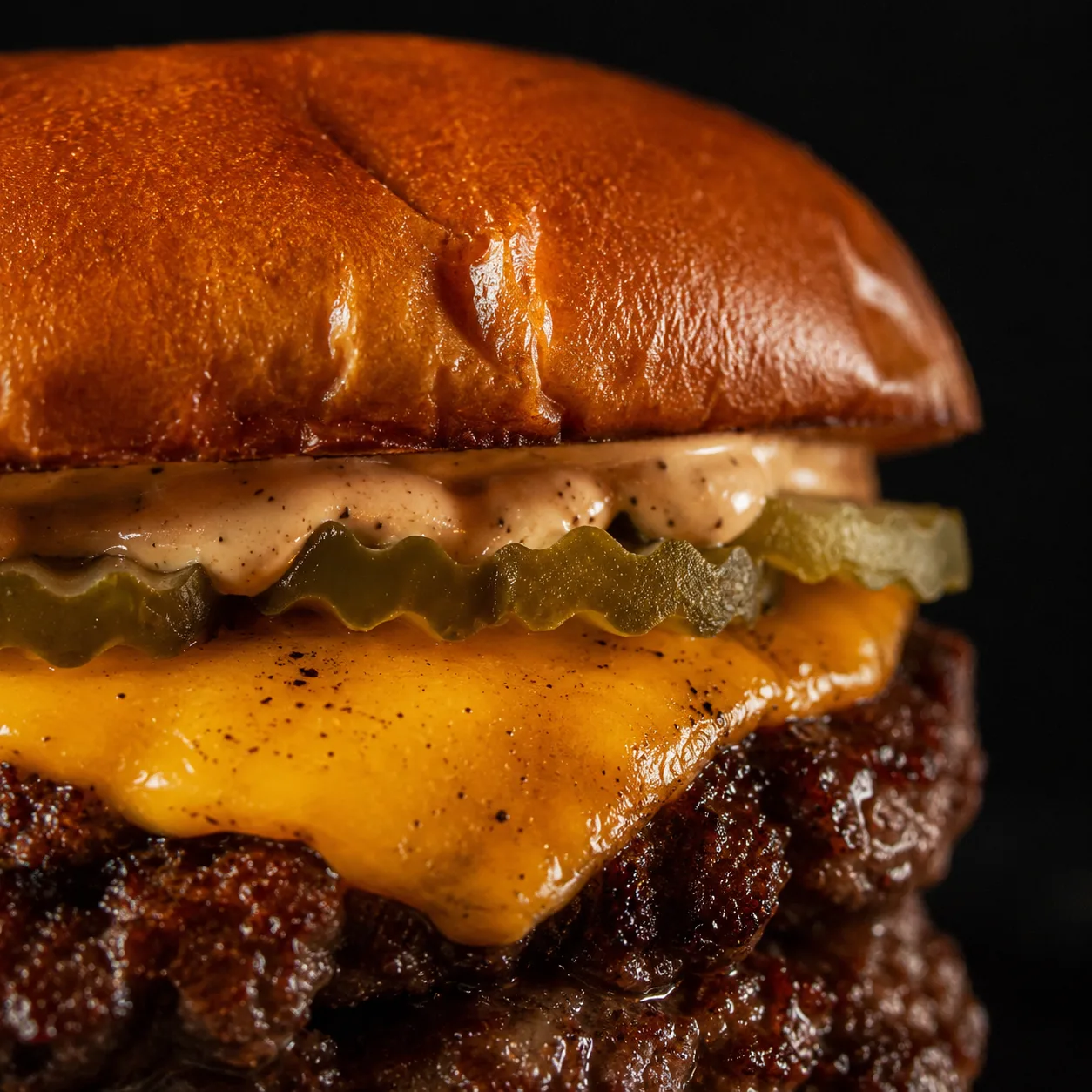Close-up of a crisp-edge Press Club burger