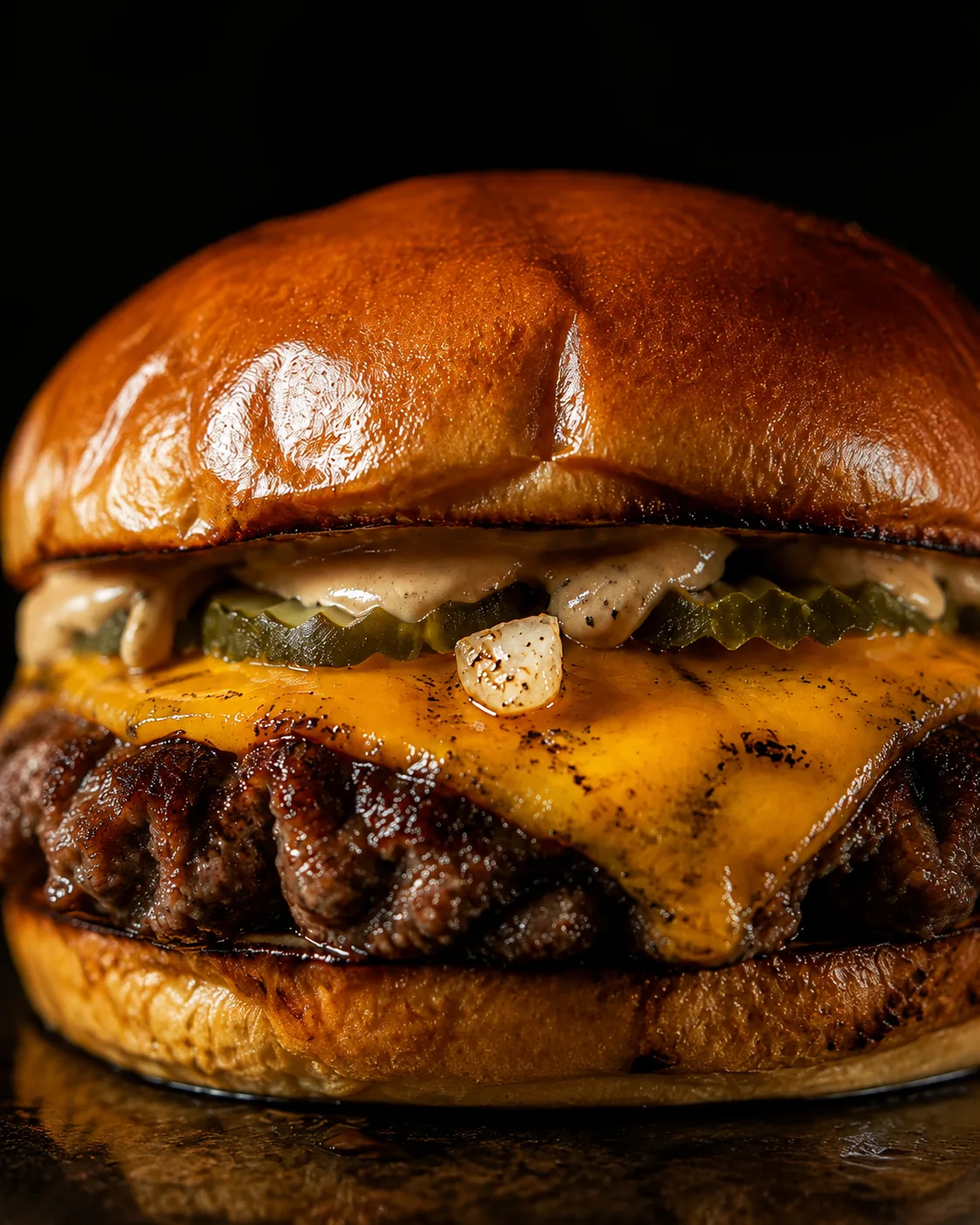Close-up of a double smashed cheeseburger