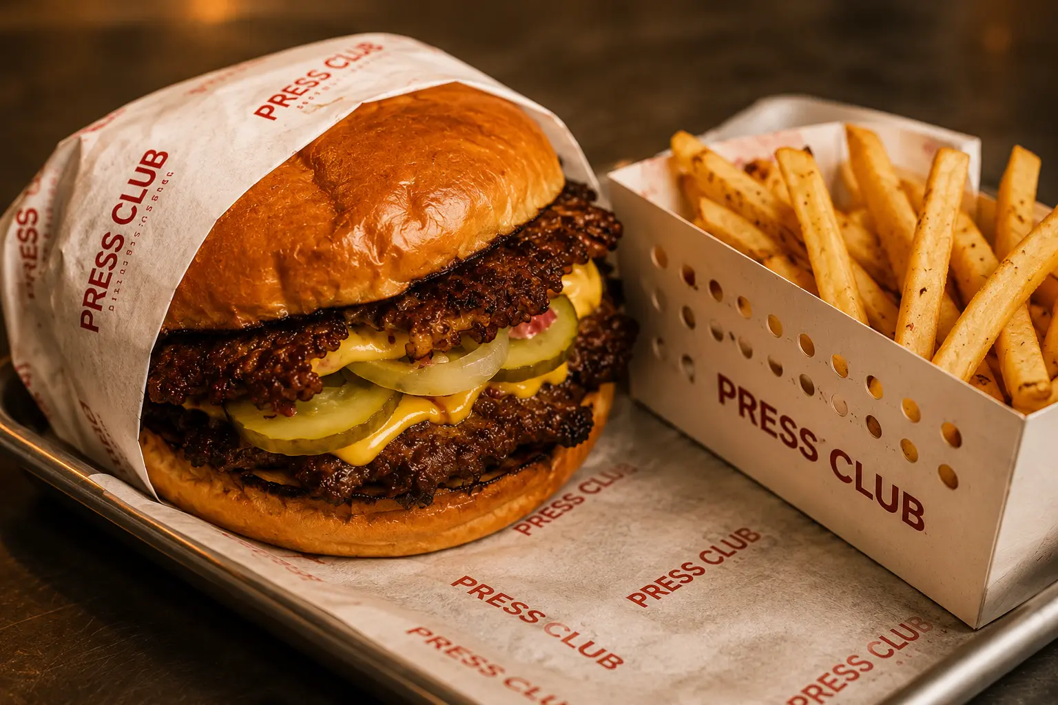 Press Club burger and fries served together on a branded tray